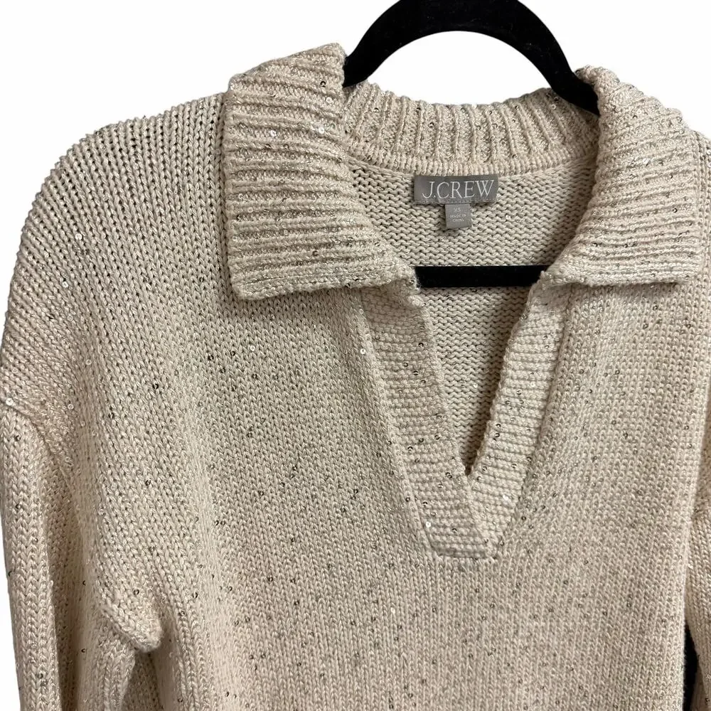 J. Crew Sequin Sweater Polo Cream Silver Sequins Long Sleeve Womens XS Neutral
